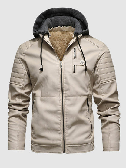 Men's Stand Collar Zipper Plush Hooded Leather Jacket