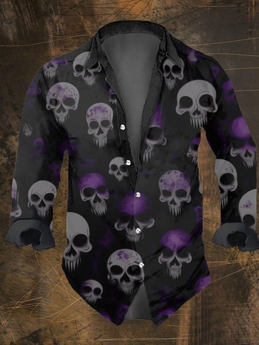 Men's Vintage Dark Skull Print Long Sleeve Shirt