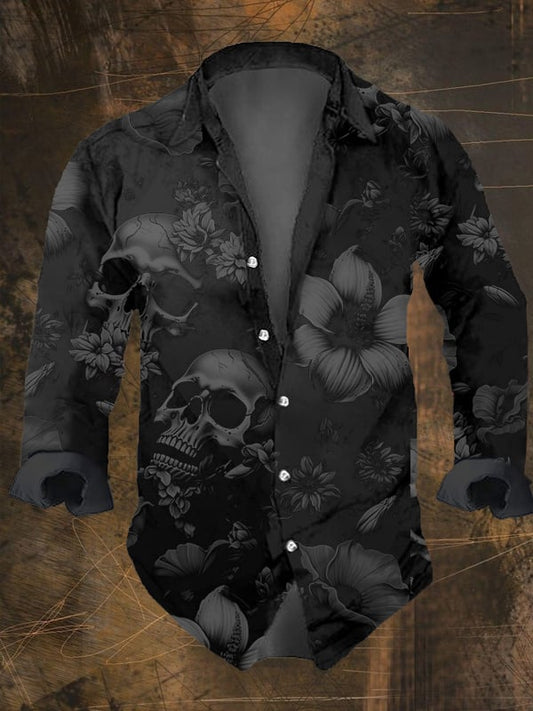 Men's Vintage Dark Skull Print Long Sleeve Shirt