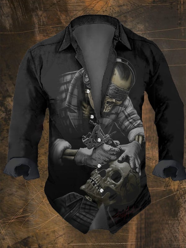 Men's Vintage Dark Skull Print Long Sleeve Shirt