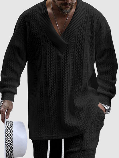 Men's textured twist knitted V-neck casual set