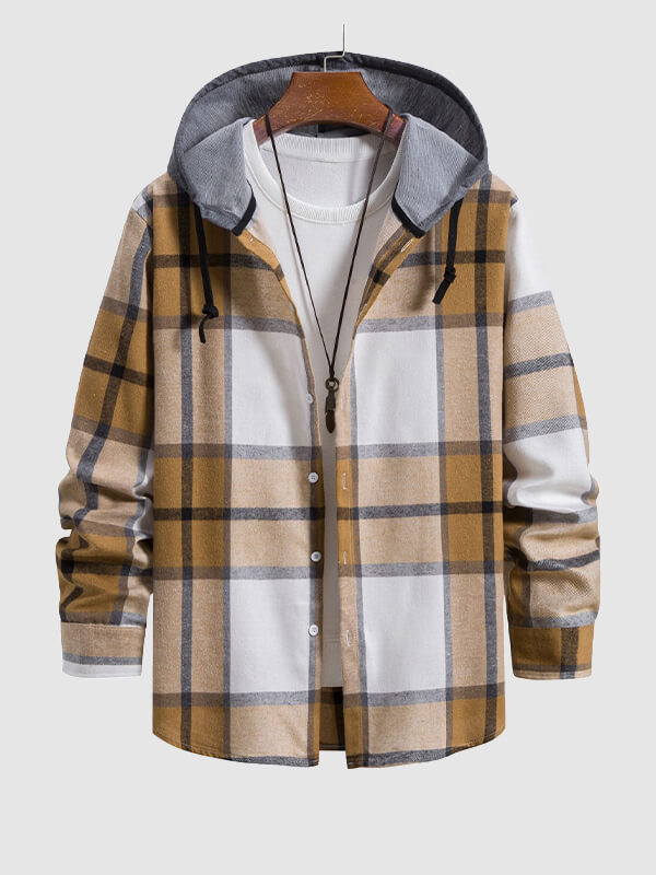 Men's Thin Plaid Button-Up Hooded Shirt