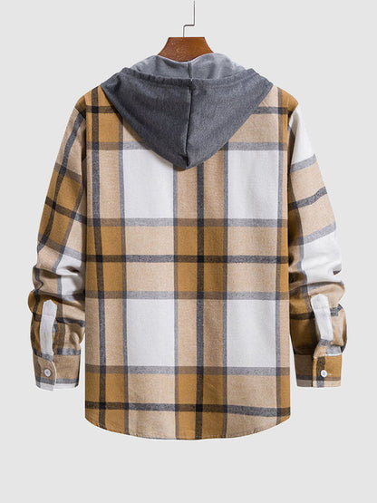 Men's Thin Plaid Button-Up Hooded Shirt