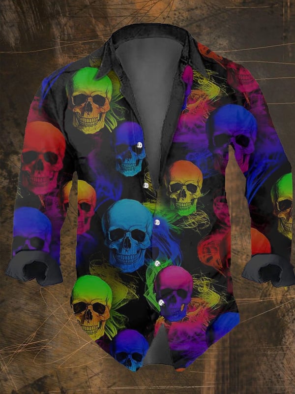 Men's Vintage Dark Skull Print Long Sleeve Shirt