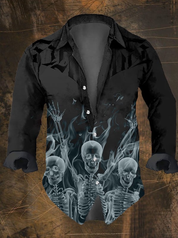 Men's Vintage Dark Skull Print Long Sleeve Shirt