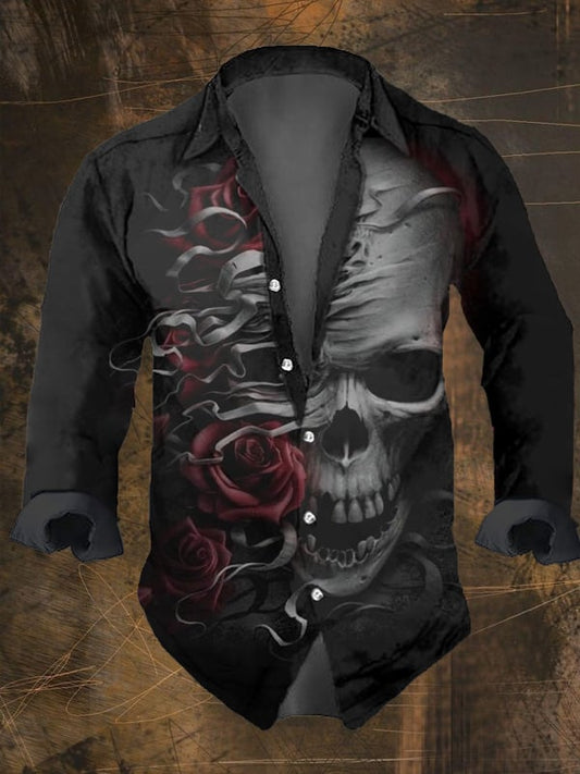 Men's Vintage Dark Skull Print Long Sleeve Shirt