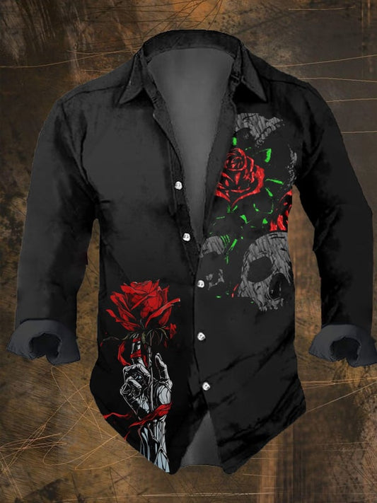 Men's Vintage Dark Skull Print Long Sleeve Shirt