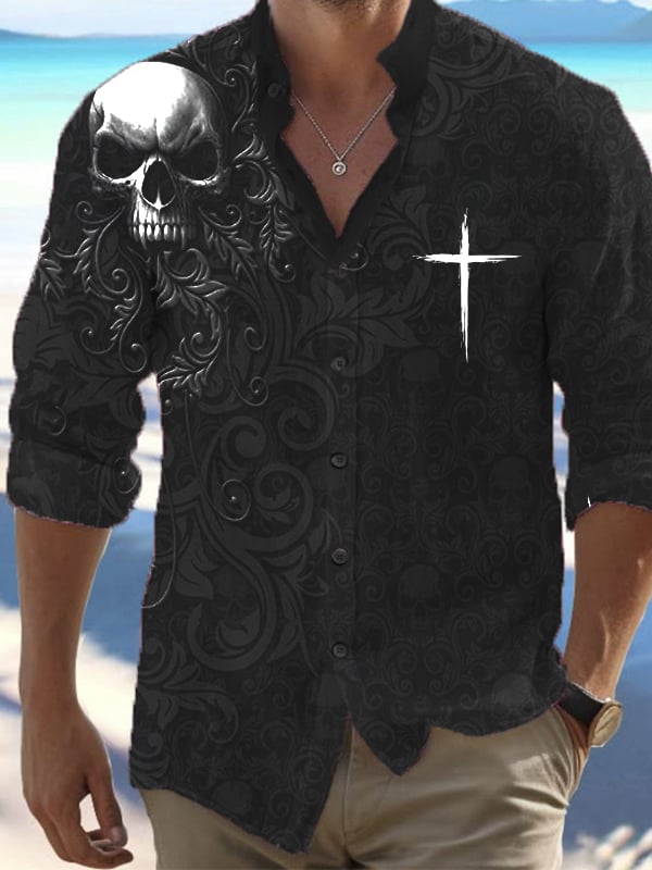 Men's Vintage Dark Skull Print Long Sleeve Shirt