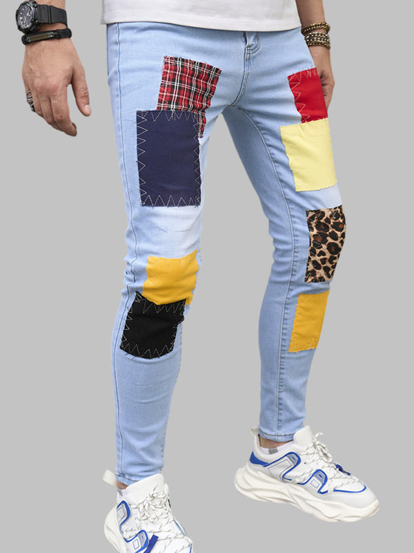 Men's patchwork contrast color versatile zipper jeans