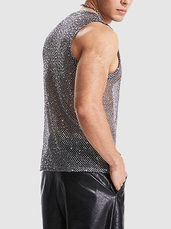 Men's hollow sexy sequined woven mesh sleeveless vest