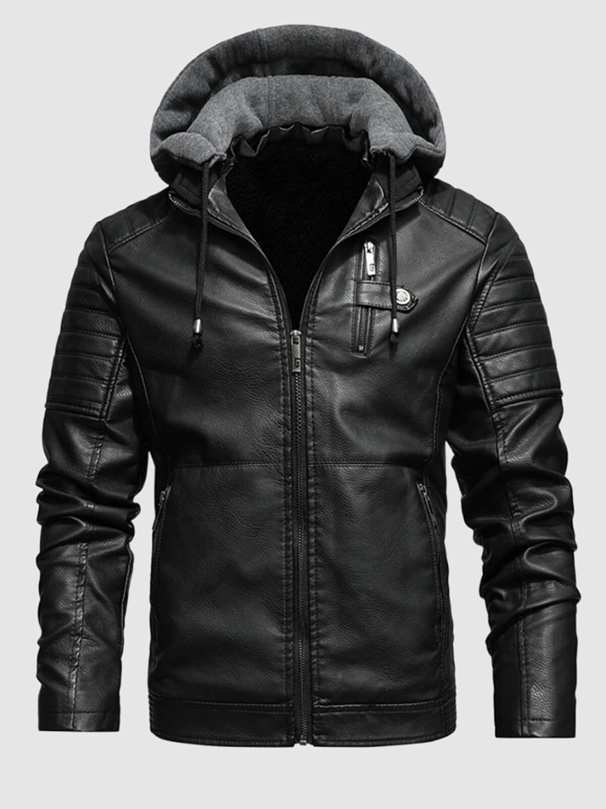 Men's Stand Collar Zipper Plush Hooded Leather Jacket