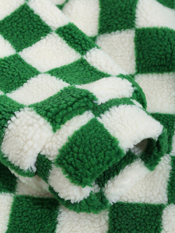 Men's  Colorblock  Checkerboard Plaid  Button  Fly  Fluffy Fleece Jacket