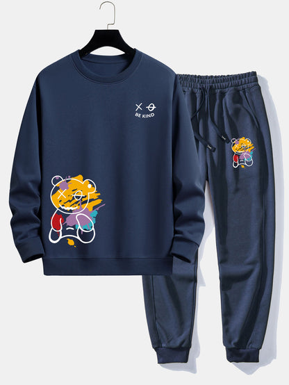 Graffiti Bear Print Relax Fit Crew Neck Sweatshirt & Jogging Pants