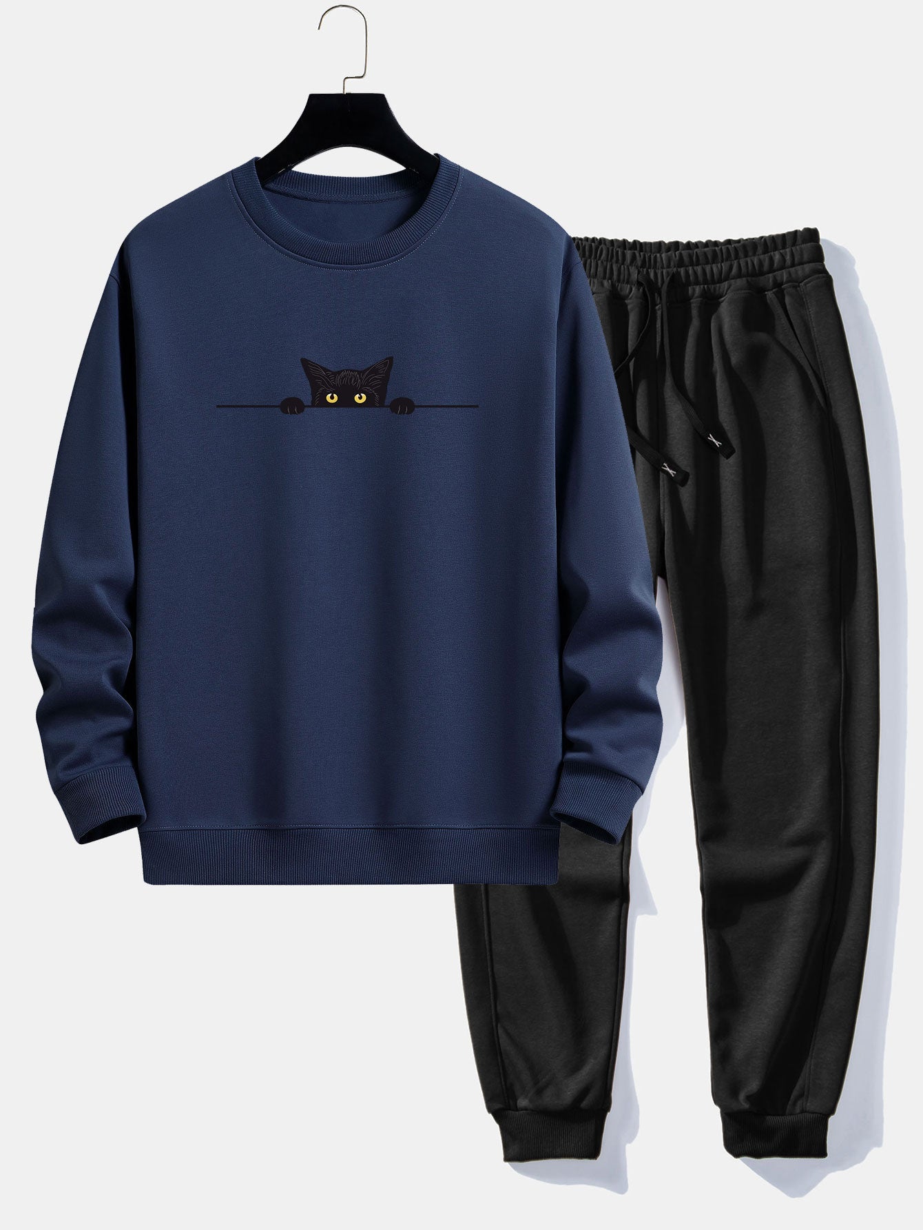 Black Cat Print Relax Fit Sweatshirt & Jogging Pants