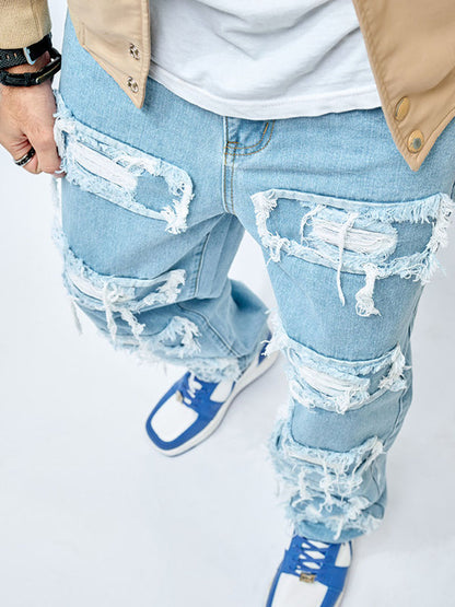 Men's Patchwork Distressed Denim Jeans