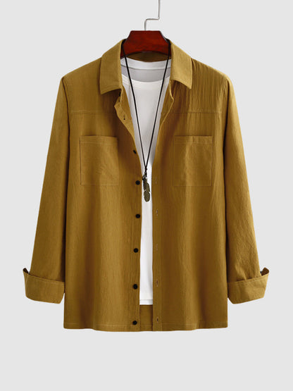 Men's Solid Color Cotton Linen Long Sleeve Casual Shirt yellow