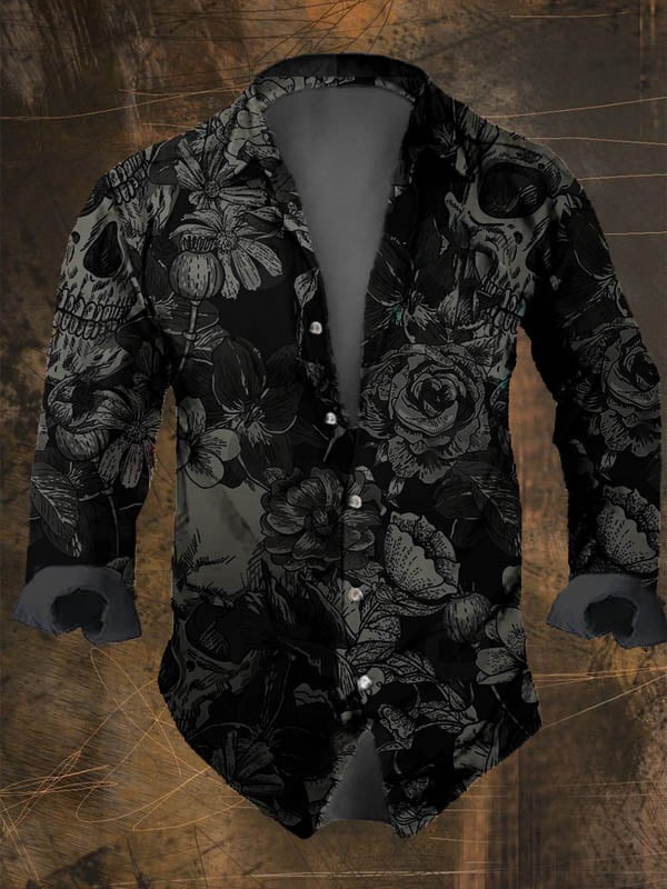 Dark Retro Skull Print Long Sleeve Shirt