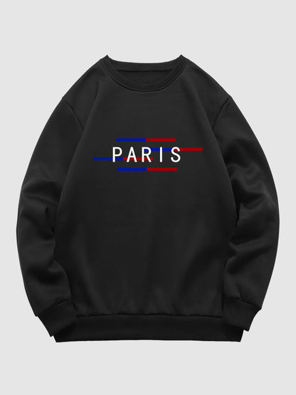 Men's "PARIS" Pattern Plush-Lined Pullover Crewneck Sweatshirt