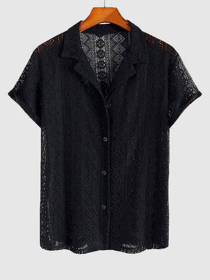 Men's Sexy Lace Hollow Casual Short Sleeve Shirt