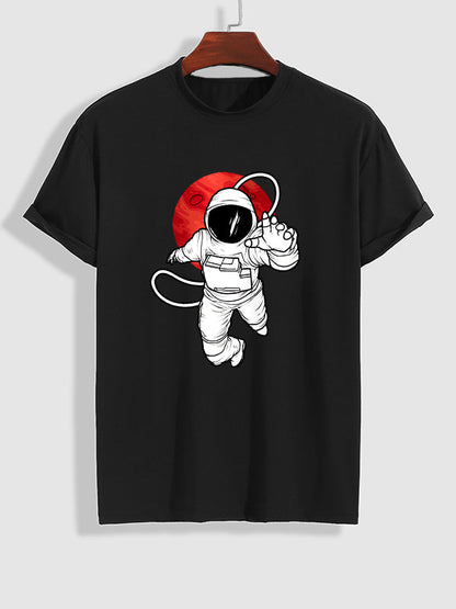 Men's Space Astronaut Print Casual Round Neck Short Sleeve T-Shirt