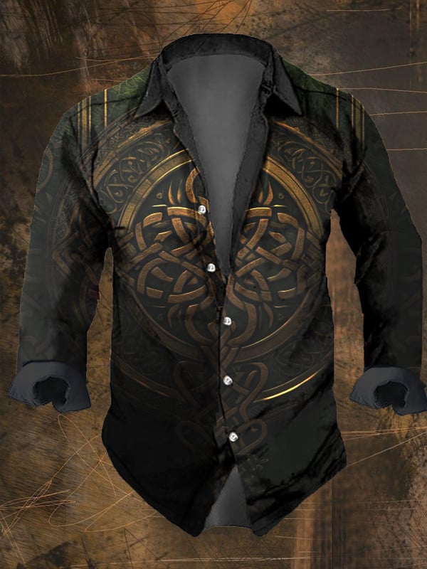 Men's Vintage Viking Print Lapel Shirt