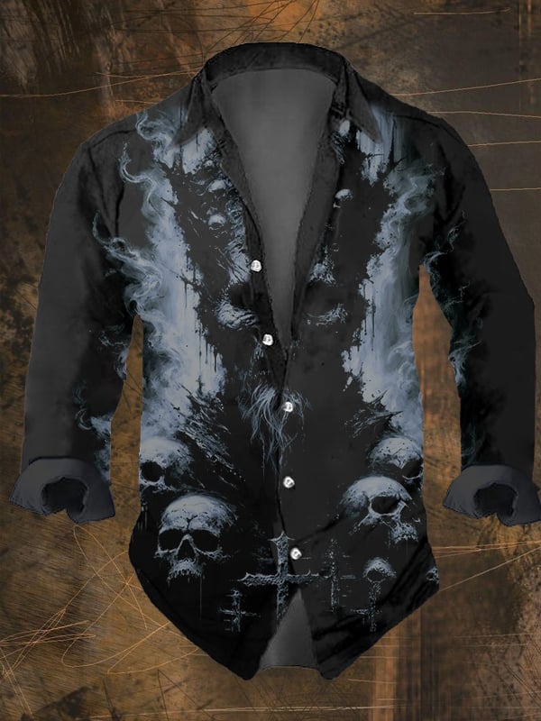 Men's Vintage Dark Skull Print Long Sleeve Shirt