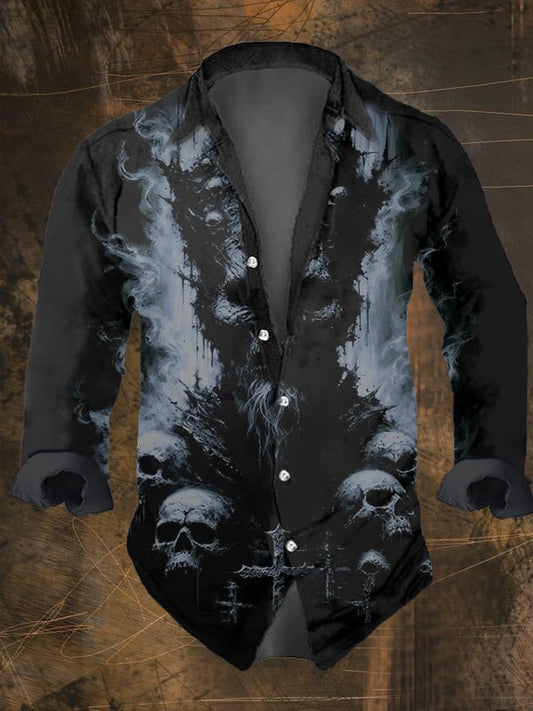 Men's Vintage Dark Skull Print Long Sleeve Shirt