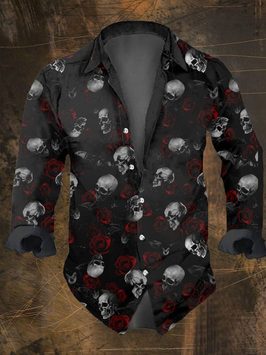 Men's Vintage Dark Skull Print Long Sleeve Shirt