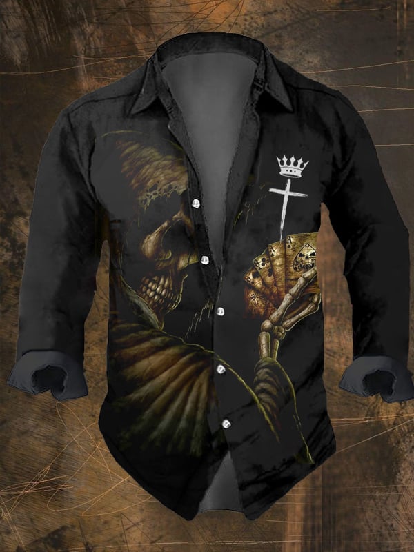 Men's Vintage Dark Skull Print Long Sleeve Shirt