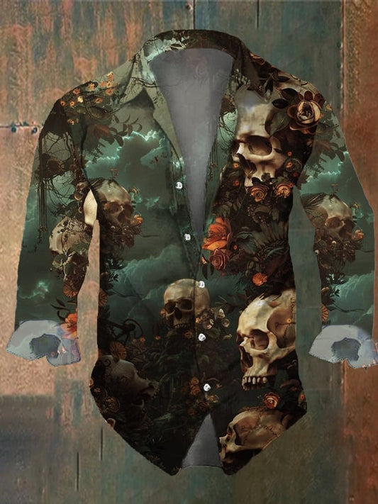 Men's Vintage Dark Skull Print Long Sleeve Shirt