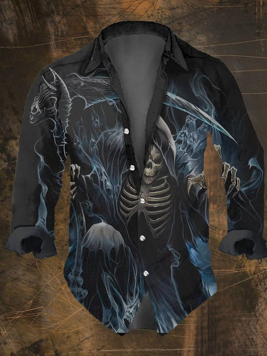 Men's Vintage Dark Skull Print Long Sleeve Shirt