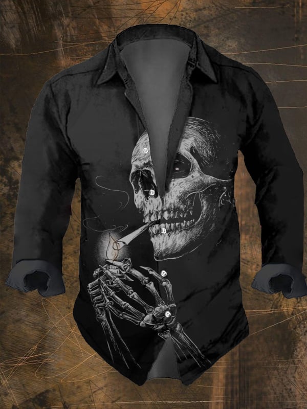 Men's Vintage Dark Skull Print Long Sleeve Shirt