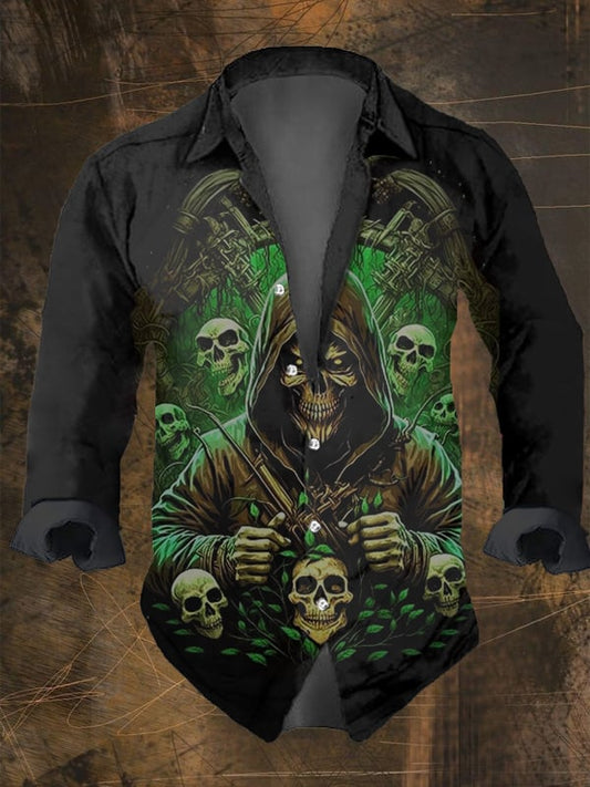 Men's Vintage Dark Skull Print Long Sleeve Shirt