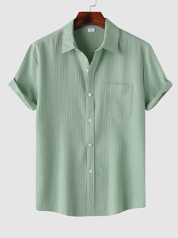 Men's solid color striped textured casual button-down Short Sleeve Shirt