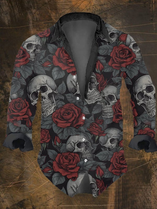 Men's Vintage Dark Skull Print Long Sleeve Shirt