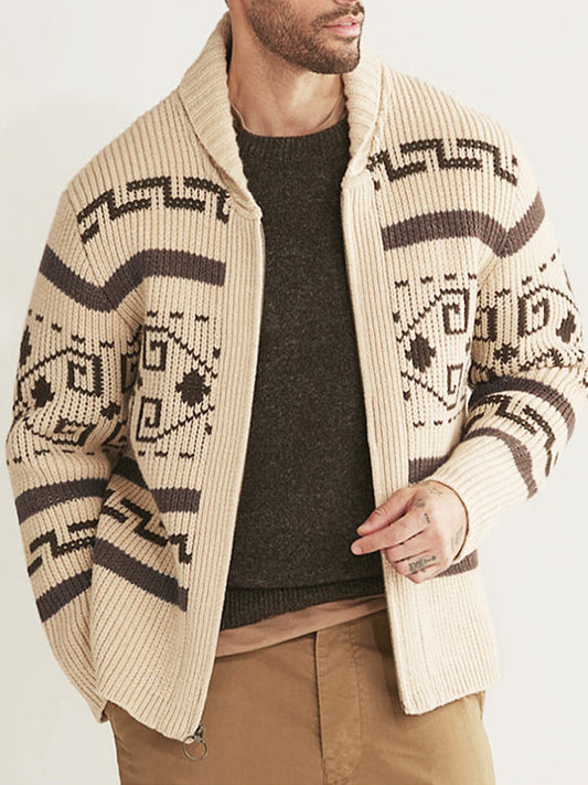 Men's lapel jacquard knitted casual sweater cardigan jacket