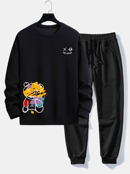 Graffiti Bear Print Relax Fit Sweatshirt & Jogging Pants