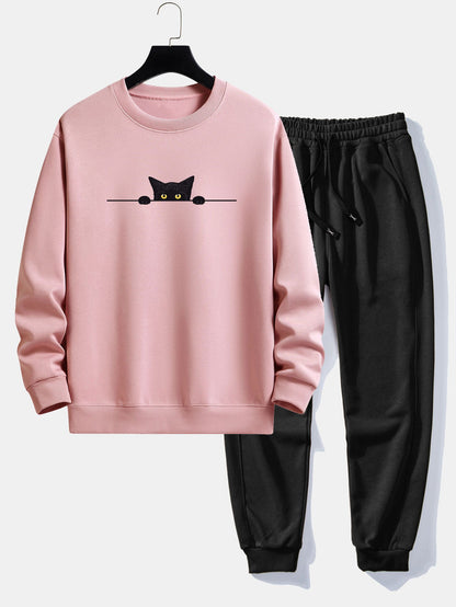 Black Cat Print Relax Fit Sweatshirt & Jogging Pants