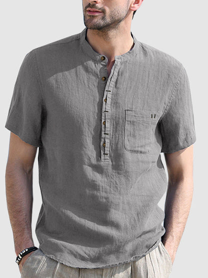 Men's cotton-linen Henley collar solid color short-sleeved shirt