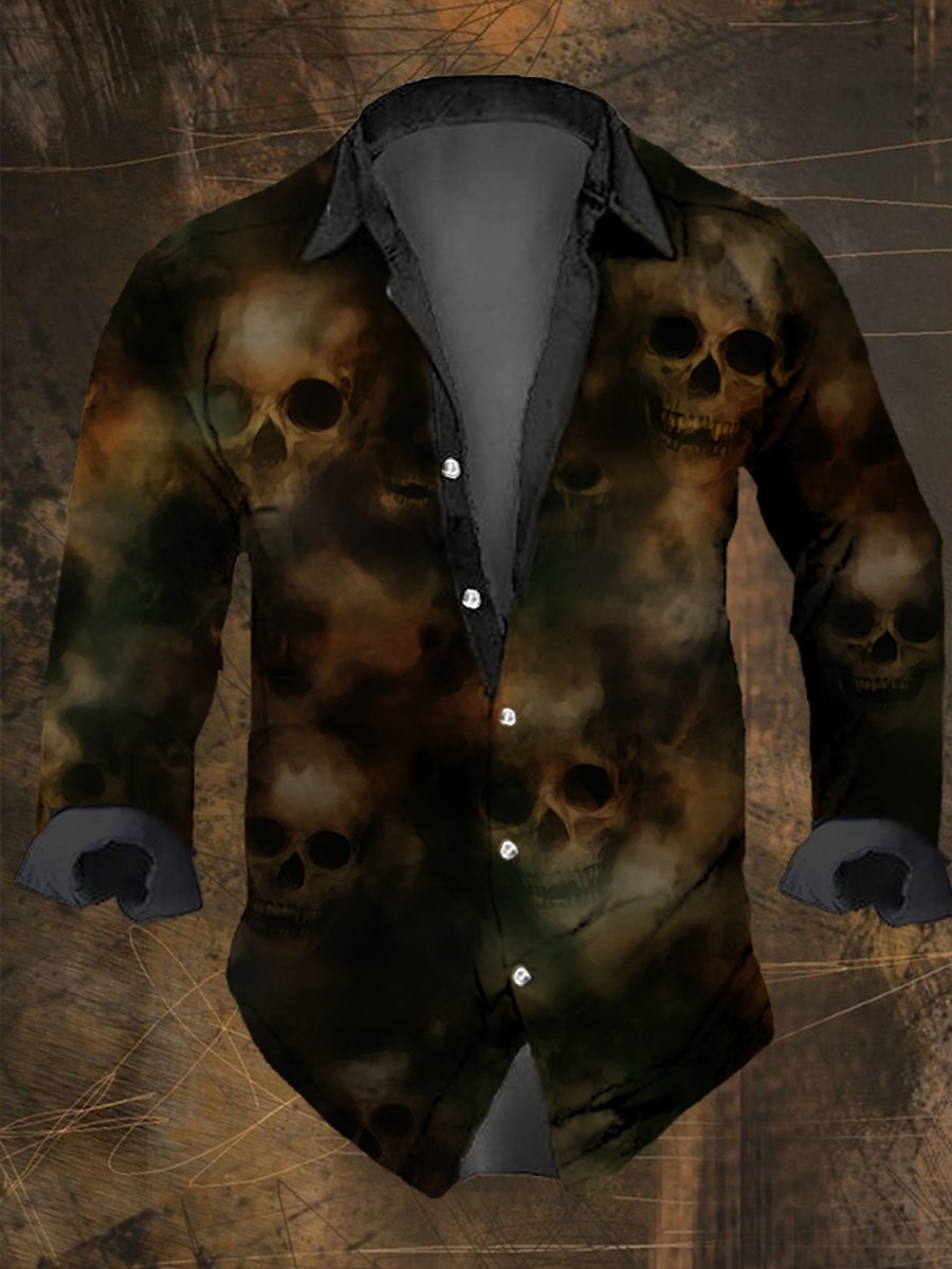 Men's Vintage Misty Skull Print Long Sleeve Shirt