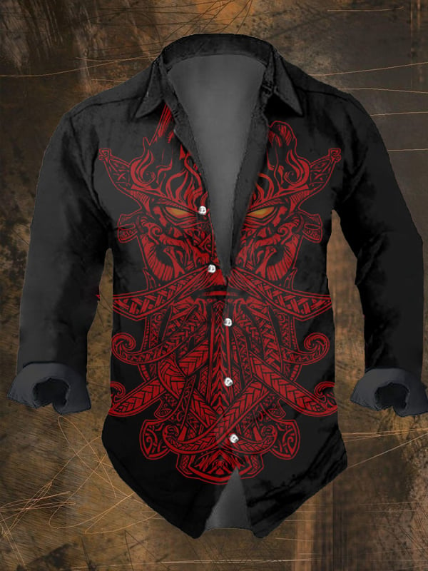 Men's Vintage Viking Print Lapel Shirt