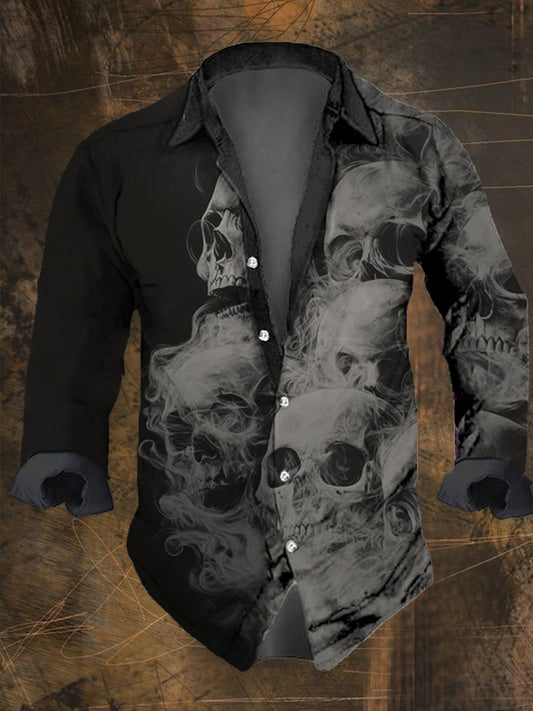 Men's Vintage Smoke Skull Print Long Sleeve Shirt