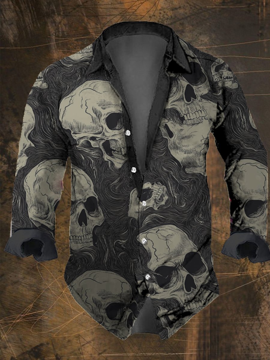 Men's Vintage Line Skull Print Long Sleeve Shirt