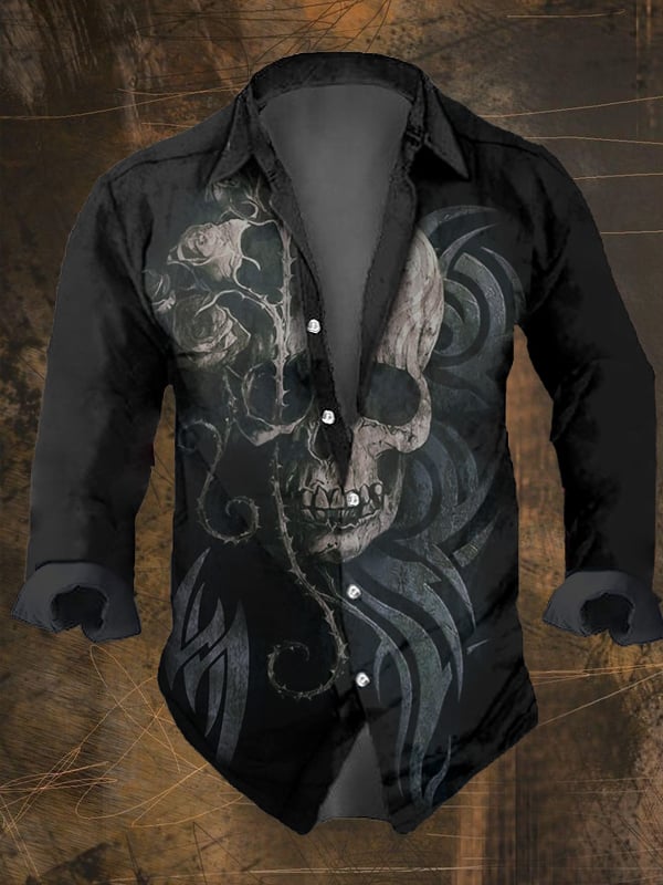 Men's Vintage Dark Skull Print Long Sleeve Shirt