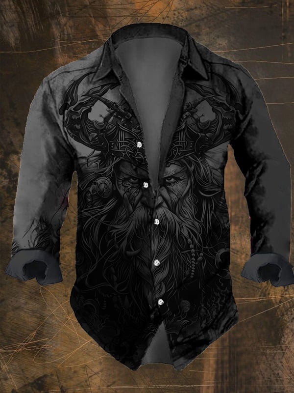 Men's Vintage Viking Print Long Sleeve Shirt