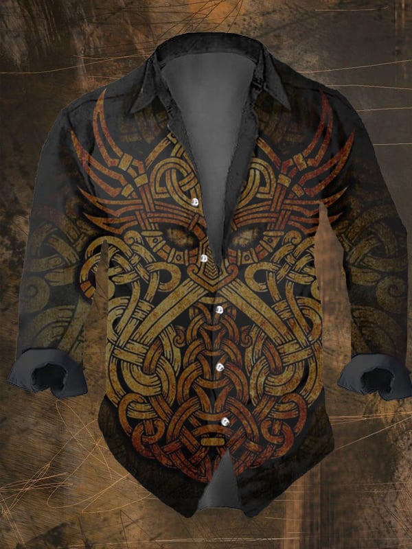 Men's Vintage Viking Print Lapel Shirt