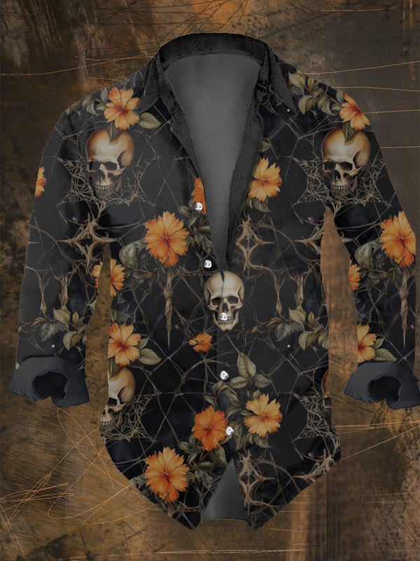 Men's Vintage Dark Skull Print Long Sleeve Shirt