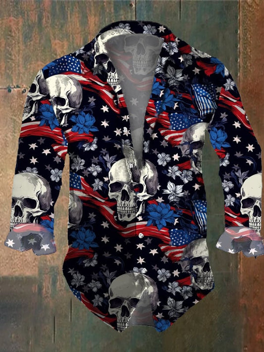 Men's Vintage Dark Skull Print Long Sleeve Shirt