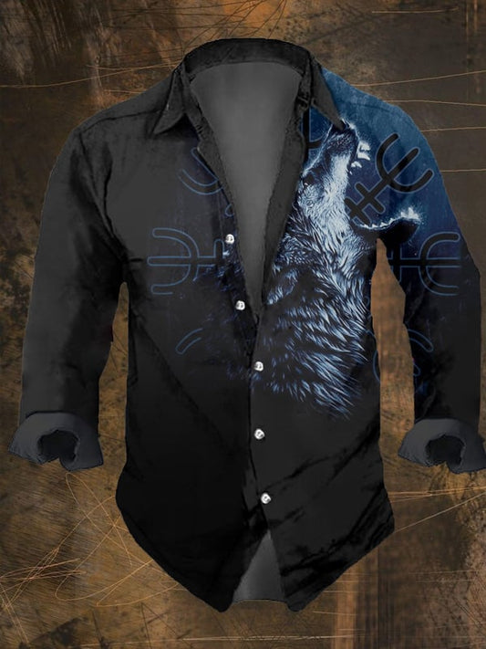 Men's Vintage Viking Print Lapel Shirt