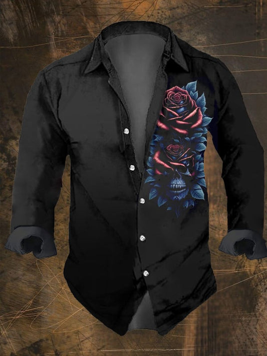 Men's Vintage Dark Skull Print Long Sleeve Shirt